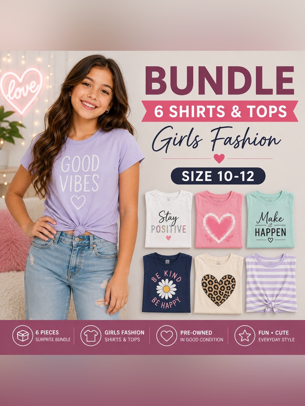 Girls Size 10-12 Surprise Bundle 6 Shirts Tops Fashion Clothing Lot